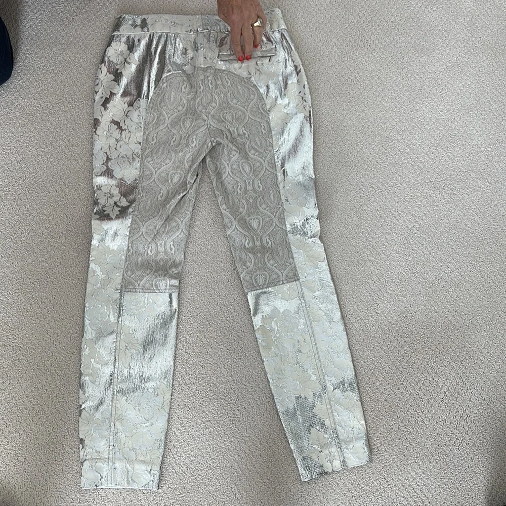 Bryan Lars Beauty Mark designer silver Lamé pants with cream and white flowers - Picture 6 of 11
